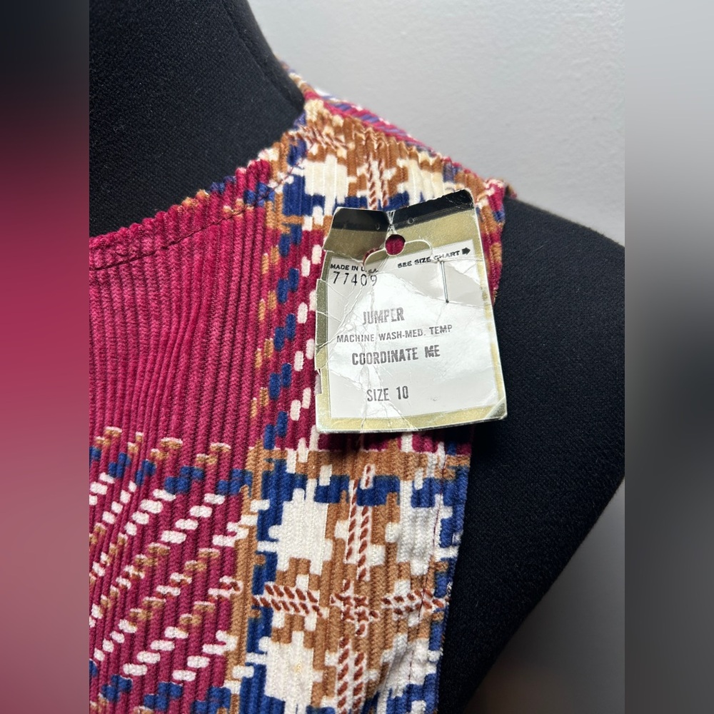 Vintage 70s Plaid Corduroy Jumper Dress Mod Patchwork Mini Deadstock - Picture 4 of 8